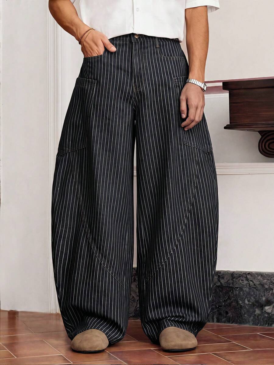 SWAVVY Randiga jeans för män med knapp och ficka, avslappnade och mångsidiga för vardag och resor - Svart - Visa 1