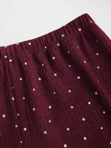 Sweetra Spring/Summer Fashion New Vintage Strapless Ruched Metal Buckle Waist-Cinching Slimming Asymmetrical Hem Top & Minimalist Wide Leg Long Pants Elegant Women's Brown Polka Dot 2-Piece Set - Burgundy - View 7