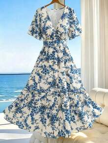 SHEIN LUNE Plus Size Women V-Neck Floral Print Casual Boho Party Vacation Dress Blue And White Summer - Multicolor - View 8