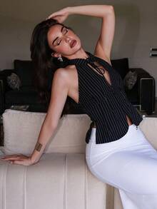 Bris Aura Women's Bow Tie Hollow Out Halter Neck Fitted Crop Top, Slit Front Sleeveless Blouse Cute Black Top Striped Top Summer - Black - View 3