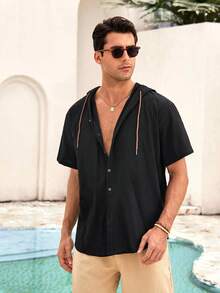 Mercer Haus Men's White Short Sleeve Hooded Button-Up Shirt, Breathable Fabric, Fashionable Layering Piece, Suitable For Casual And Daily Wear In Summer - Black - View 5