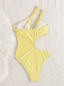 Costavie Swim Women's Elegant Sexy Y2K One Piece Swimsuit, Butter Yellow Satin Fabric, One Shoulder Buckle Strap, Cutout Waist, V Neckline, Beach Partywear - Gold - View 5