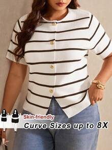 SHEIN CURVE+ Plus Size Women's Black And White Short Sleeve Single-Breasted Casual Nice Elegant Knit Cardigan Teachers' Day Evening Formal Office Summer - Multicolor - View 9