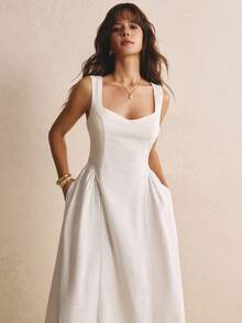 Poéselle Elegantes französisches Midi-Kleid für Damen in Weiß, einfarbig, mit Herz-Ausschnitt, ärmellos, quadratischem Ausschnitt, für Abschlussfeier, Hochzeit, Poolparty und Tagesparty im Sommer - Weiss - Übersicht 6