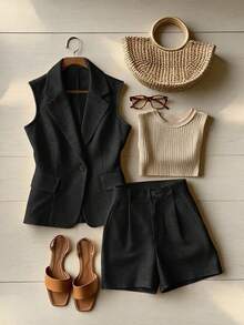 Franclia 女款黑色夏季休閒套裝，無袖背心與高腰短褲，紋理布料兩件套，極簡優雅商務女裝 - 黑色 - 查看 1