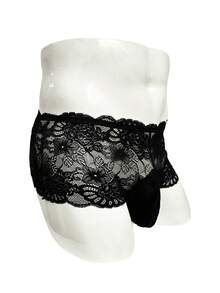 SHEIN 1pc Men's Low Waist Sexy Lace Boxer Briefs - Black - View 4
