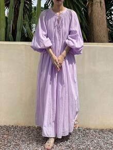 DAZY Loose Long Sleeve Long Solid Color Dress Summer Outfit Women's Nightgown Pajamas - Lilac Purple - View 1