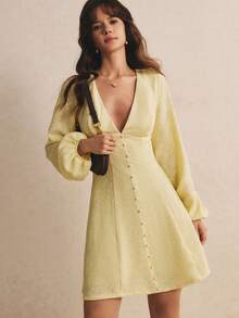 Poéselle Women's Jacquard  V-Neck Lantern Sleeve  Short Dress,Elegant Dresses,Casual Dresses, Work Outfits, Vacation Outfits,Autumn/Winter Outfit - Light Yellow - View 4