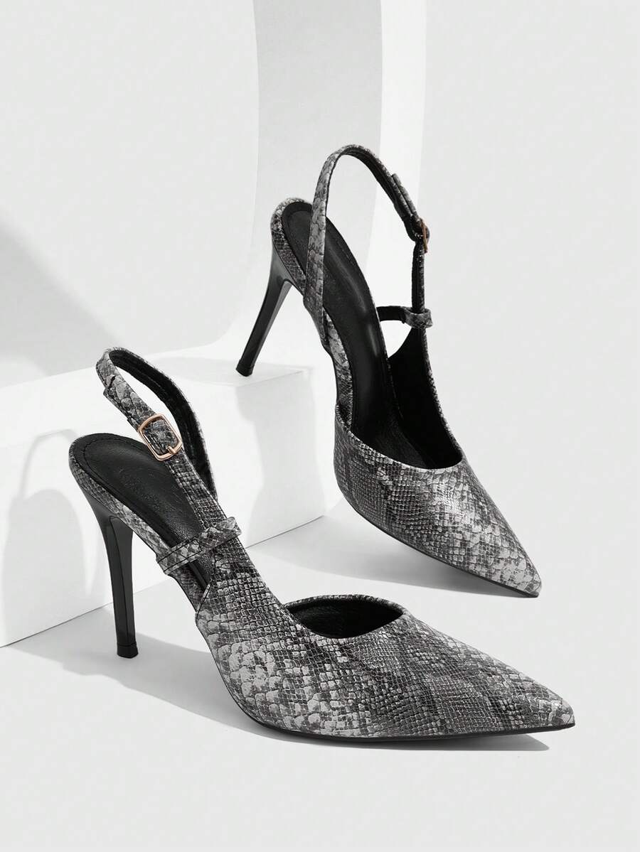 CUCCOO SZL Women's Spring/Summer Black & White Snake Print Colorblock Metal Buckle Pointed Toe Stiletto High Heels For Commuting And Dating Fall Shoes - Black and White - View 1