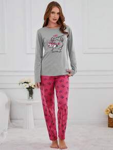 SHEIN Cottnline 100 Cotton 2Pcs Animal Printed PJ Set Sleep Grey Dark Pink Autumn Cute Kawaii - Grey - View 4
