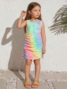 SHEIN Young Girl Fashionable Blue Summer Matching Family Vacation Pride Month Tie-Dye Dress,Sweet Pleated Design With 3D Bow,Cute School Party Outfit - Multicolor - View 1