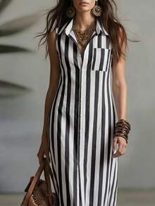 Balvessa Casual Striped Retro Sleeveless Open Front Shirt Dress, Suitable For Leisure And Work, Fashion For Women - Black and White - View 6