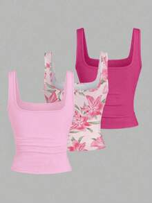 EMERY ROSE 3pcs Plus Size Women's Casual Solid Color & Full Printed Pattern Sleeveless Vest Set, Summer - Multicolor - View 2
