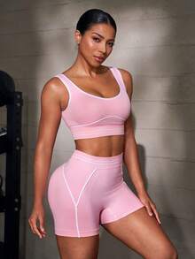 Solea Cove Solea Cove Women's Colorblock Trim Seamless Sports Bra - Pink - View 4