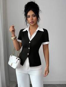 Elenzga Women's Elegant Commute 2 In 1 Patchwork Shirt Collar Teacher Daily Wear - Black - View 5