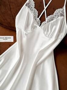 Moireta Solid Color Splice Lace & Satin Cami Pajama Slip Dress Luxeloungewear - White - View 4