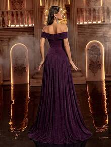 Glamrae Elegant Off-Shoulder Knitted Fabric Ruched Design Waist Fan-Shaped Pleated Tummy-Control Bodycon A-Line Dress, Suitable For Ball, Business Events, Private Tea Parties, Birthday, Large Holiday Events, Wedding Guests, Women's Heavy Embellished Evening Gown, Long Dress, Formal Dress - Maroon - View 2