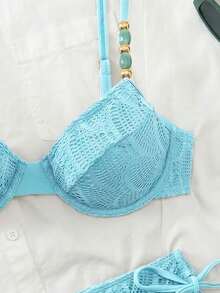 Swim Chiccia 26SS 春夏度假海灘紋理布料綠色鋼圈聚攏比基尼套裝 - 藍色 - 查看 5