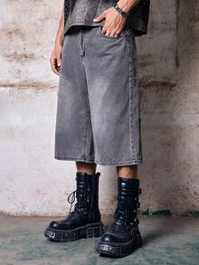 Skyrend Short en jean délavé ample à jambes larges style décontracté gothique punk streetwear pour garçon emo - Gris - Voir 5