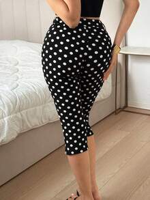 SHEIN EZwear 黑白波點修身女款休閒復古70年代七分褲，適合日常約會夏季穿著 - 黑色 - 查看 2