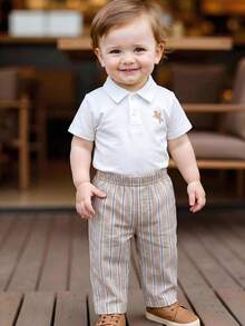 两件套绅士风男婴套装：短袖 Polo 衫搭配时尚条纹短裤，休闲百搭，适合上学、生日等场合穿着 - 彩色 - 查看 4