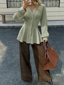 Siren Gaze Autumn/Winter New Waist-Cinched A-Line Long Sleeve Blouse For Women - Green - View 6