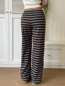 CovetEZ Women's Drawstring Waist Striped Casual Versatile Daily Travel Long Pants - Brown - View 4