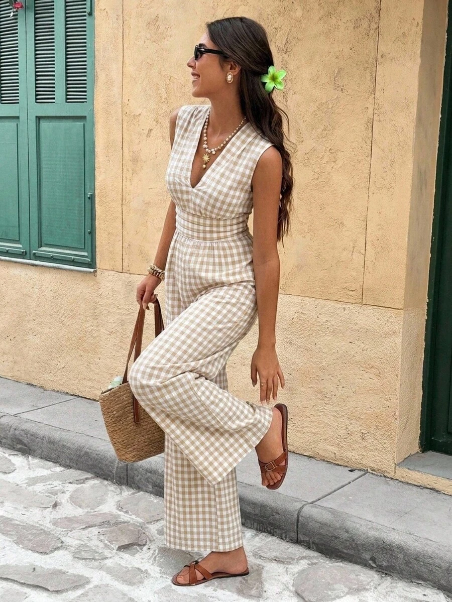 SHEIN Frenchy Jumpsuit Kasual Wanita Berkerah V Dalam Motif Kotak-kotak untuk Pemakaian Sehari-hari - Aprikot - View 1