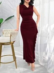 Modelyn Women's Solid Color Cowl Neck Pleated Patchwork Ruffle Elegant Sexy Sleeveless Dress Dinner Burgundy Summer - Burgundy - View 2