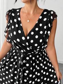 SHEIN Clasi Plus Size Elegant 1920s 1950s Vintage 70's Romantic V-Neck Polka Dot Chiffon Sleeveless Dress Evening Wedding Guest Formal Black White Summer - Black - View 4