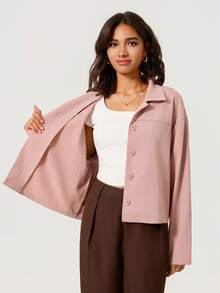 SHEIN BASICS 女款春秋休閒純色輕便夾克 教師節辦公日常穿搭 灰粉色 - 珊瑚粉 - 查看 7