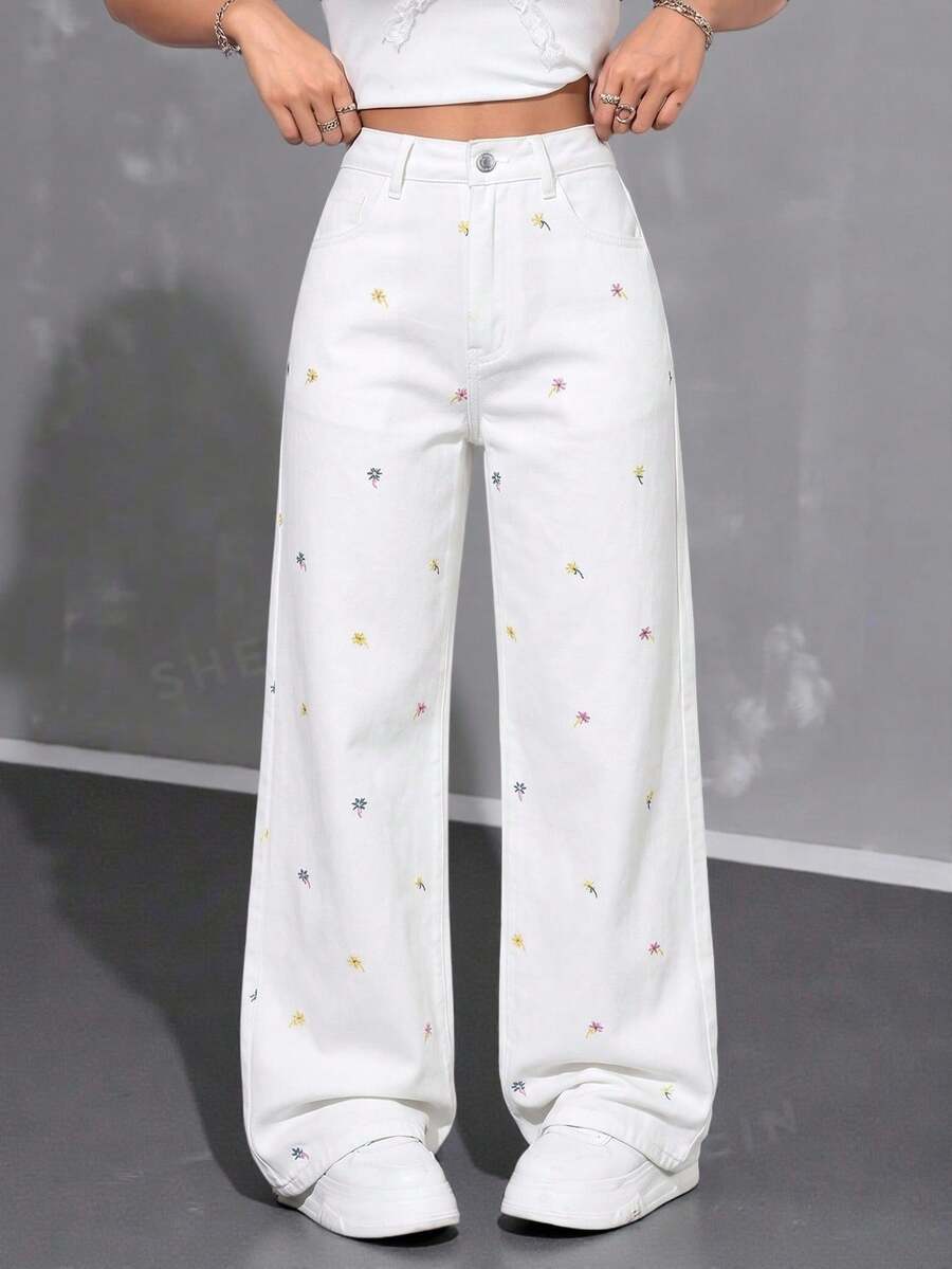 SHEIN ICON 女款休閒百搭日常牛仔褲,附口袋、鈕扣與花卉刺繡圖案 - 白色 - 查看 1