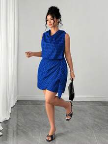 SHEIN Clasi Plus Size Women's Woven Printed Ruched Neck Asymmetrical Tie Elegant Summer Sleeveless Vacation Dress Formal Evening Blue - Blue - View 6
