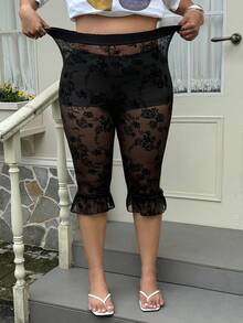 GalTyme Calções de ciclista sexy em renda transparente, ajustados, de 5 polegadas, Plus Size, para festival de música - Preto - Ver 3