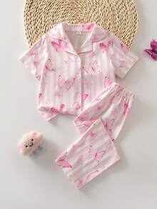 Summer Young Girl Knit Fabric Collared Button-Front Short Sleeve Long Pants Pink Butterfly Striped Fresh Pattern Digital Print Hot-Selling Two Pieces Pajama Set Loungewear - Pink - View 1