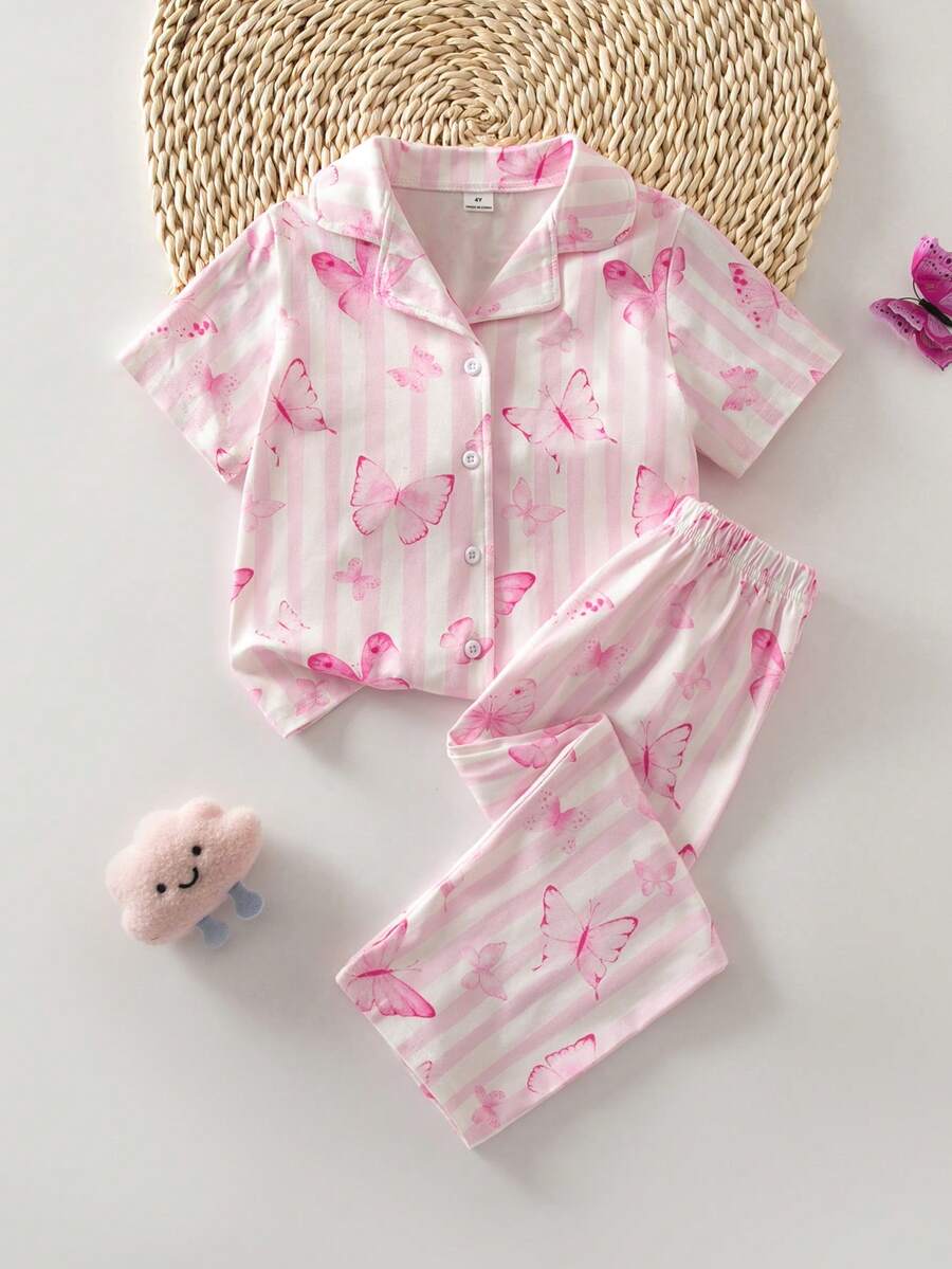 Summer Young Girl Knit Fabric Collared Button-Front Short Sleeve Long Pants Pink Butterfly Striped Fresh Pattern Digital Print Hot-Selling Two Pieces Pajama Set Loungewear - Pink - View 1