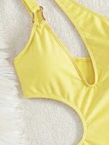 Costavie Swim Women's Elegant Sexy Y2K One Piece Swimsuit, Butter Yellow Satin Fabric, One Shoulder Buckle Strap, Cutout Waist, V Neckline, Beach Partywear - Gold - View 7