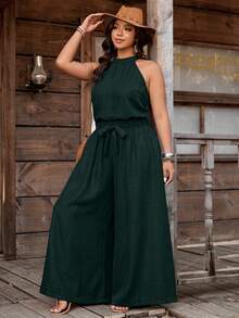 Nubod Plus Size Denim Effect Halter Top + Wide Leg Pants 2 Pieces Set - Dark Green - View 6
