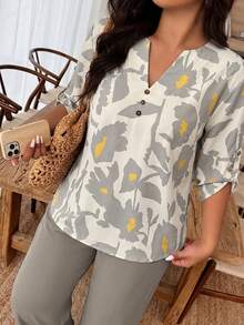 EMERY ROSE Women's Plus Size Notch Neckline Sleeve Cuff Button Up Floral Top And Solid Color Bottom Contrast Plant Print 2-Piece Set Random Print - Multicolor - View 4