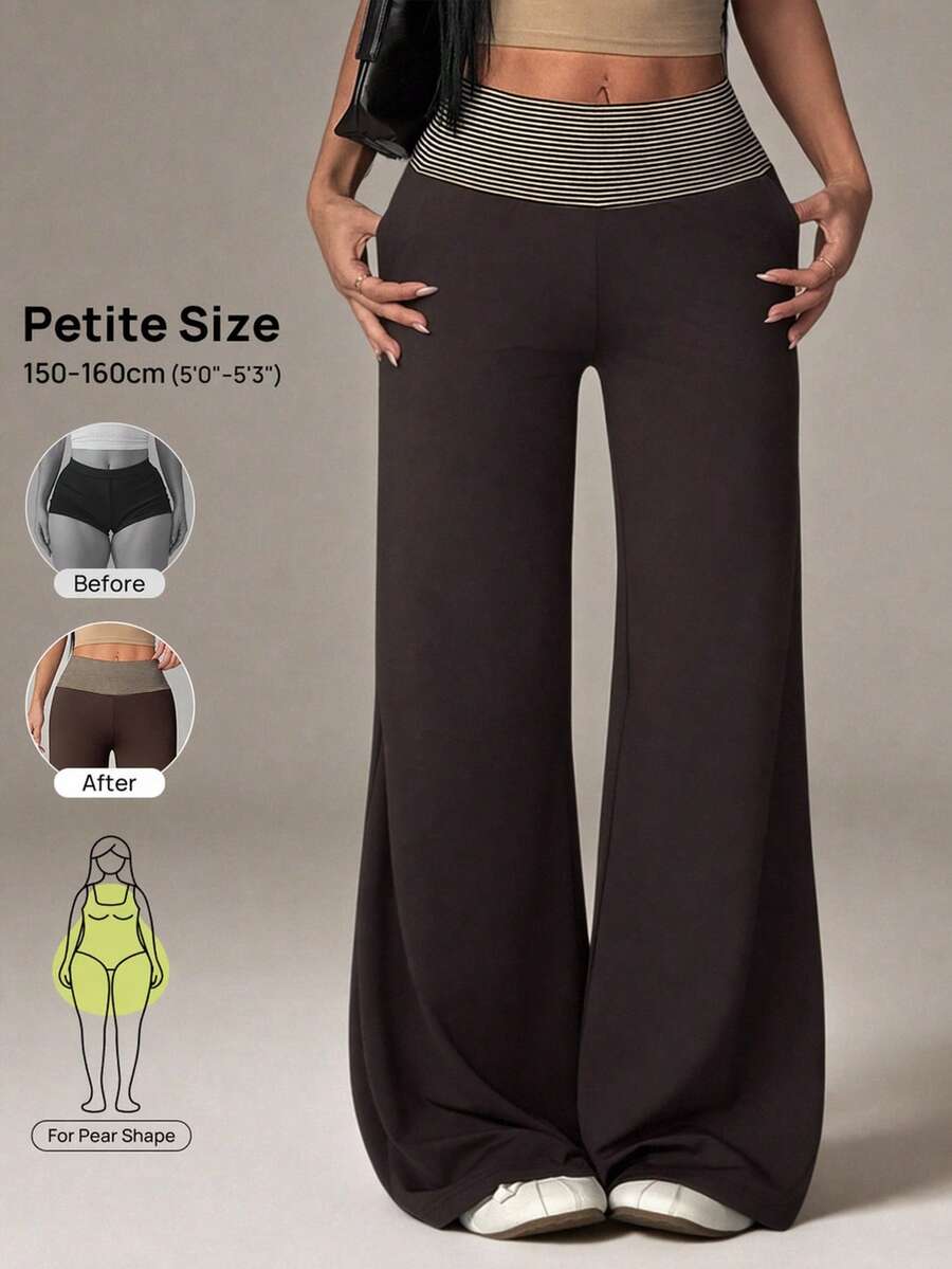 SHEIN PETITE Casual Loose Striped Patchwork Wide Leg Pants - Army Green - View 1