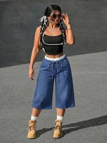 Teen Girls Colorblock Waist Light Blue Denim Loose Fit Long Pants - Dark Wash - View 6