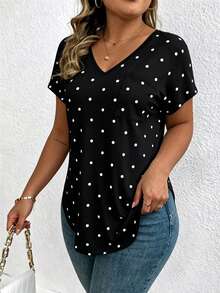 EMERY ROSE V-Neck Black Polka Dot Short-Sleeved Casual T-Shirt - Multicolor - View 3