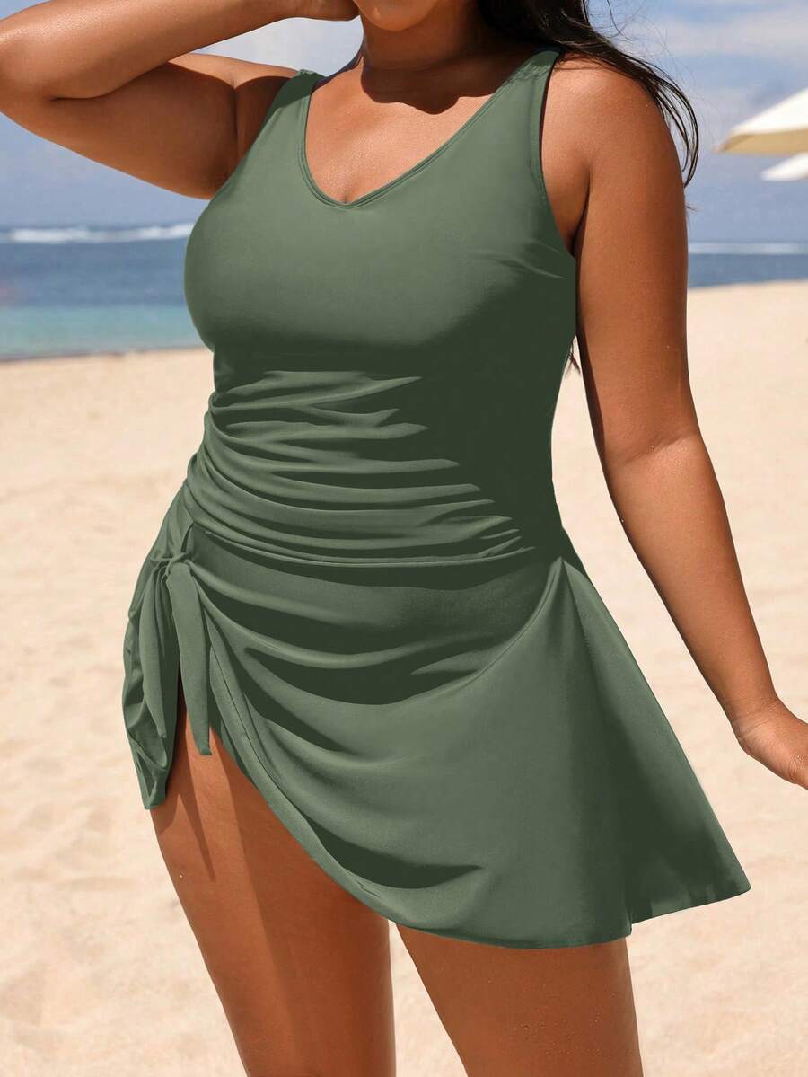 Swim Lushoire Plus Size Fashionable Side Tie Ruched One-Piece Swimsuit Summer - Army Green - View 1