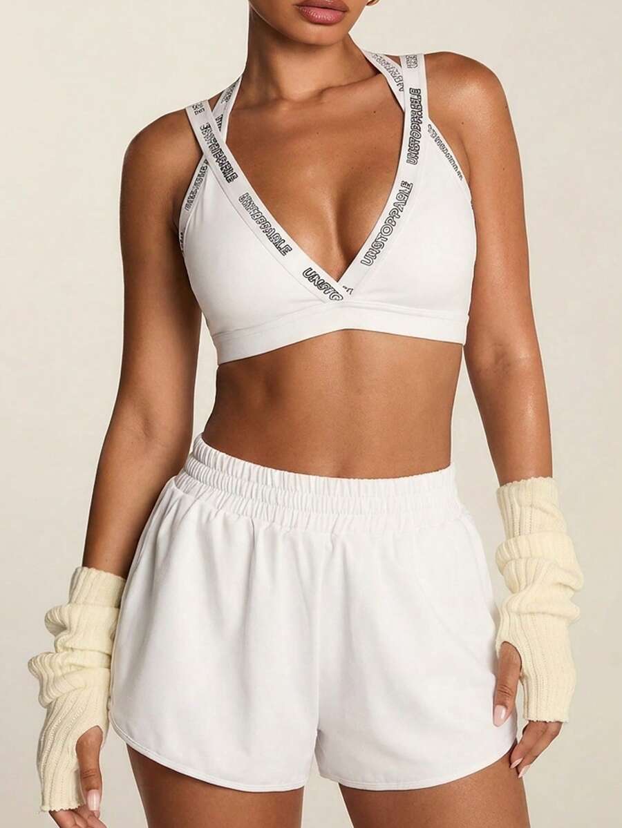 SHEIN BAE Bra Olahraga Kasual Longgar Wanita dengan Motif Huruf dan Tali Lebar - Putih - View 1