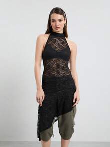 COUREZ Halter Lace Asymmetric Midi Layering Dress / Y2K Womens Dress Rave Layering Dress Womens Autumn Dress Autumn Clothes Black Lace Fall Outfits Flowy - Black - View 3