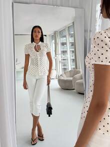 TRNVIE Women's Summer Casual Polka Dot Print Tie Front Blouse - Apricot - View 4