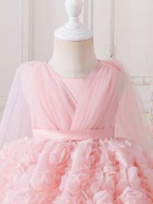 SHEIN Glamorique Kids 女嬰粉色花朵薄紗3D花卉洋裝，生日花童派對、婚禮公主風，夏季暖色系優雅學院風秋季套裝 - 粉色 - 查看 5