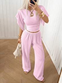 SHEIN EZwear 女款紋理時尚修身上衣與寬鬆休閒長褲家居服套裝 - 淺粉色 - 查看 3