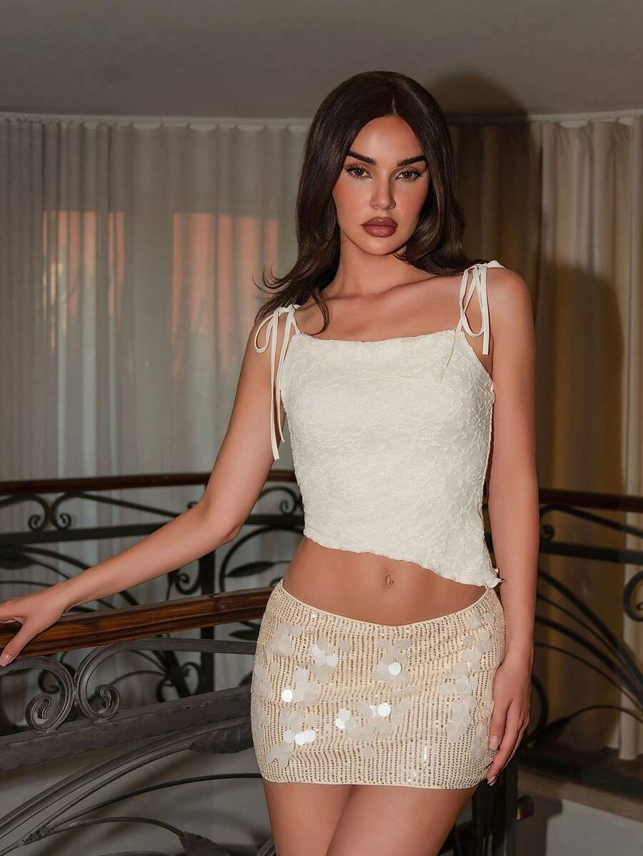 Bris Aura Asymmetric Hem Bow Strap Cream-Color Camisole Top,Cute Tops Women,Boho Tops,Beach Tops,Going Out Top, Minimalist Fashion Casual Summer - Apricot - View 1