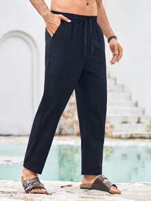 Mercer Haus Men's Summer Casual Sweatpants, Summer Linen Pants, Comfortable Linen Material, Casual Vacation Sports Pants, American Sporty Casual Trousers, Straight Loose Cut Comfortable Versatile, Suitable For Spring/Summer Commuting, Vacation, Daily Casual Wear - Black - View 4